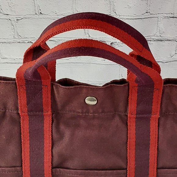 'HERMES-PARIS' 'FOOL TOE BASAS' LARGE PINSTRIPE DOUBLE STRAP CANVAS BAG - Picture 6 of 16